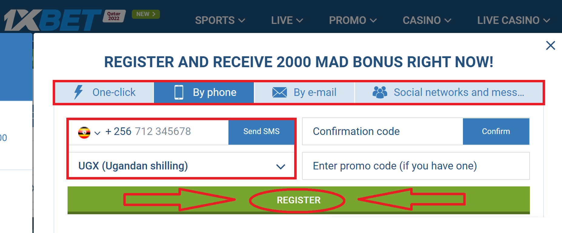 How to create a 1xBet Uganda account by phone number
